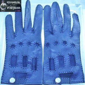 VINTAGE DARK NAVY BLUE GENUINE LEATHER CUTOUTS DRIVING GLOVES SMALL MEDIUM - MAS